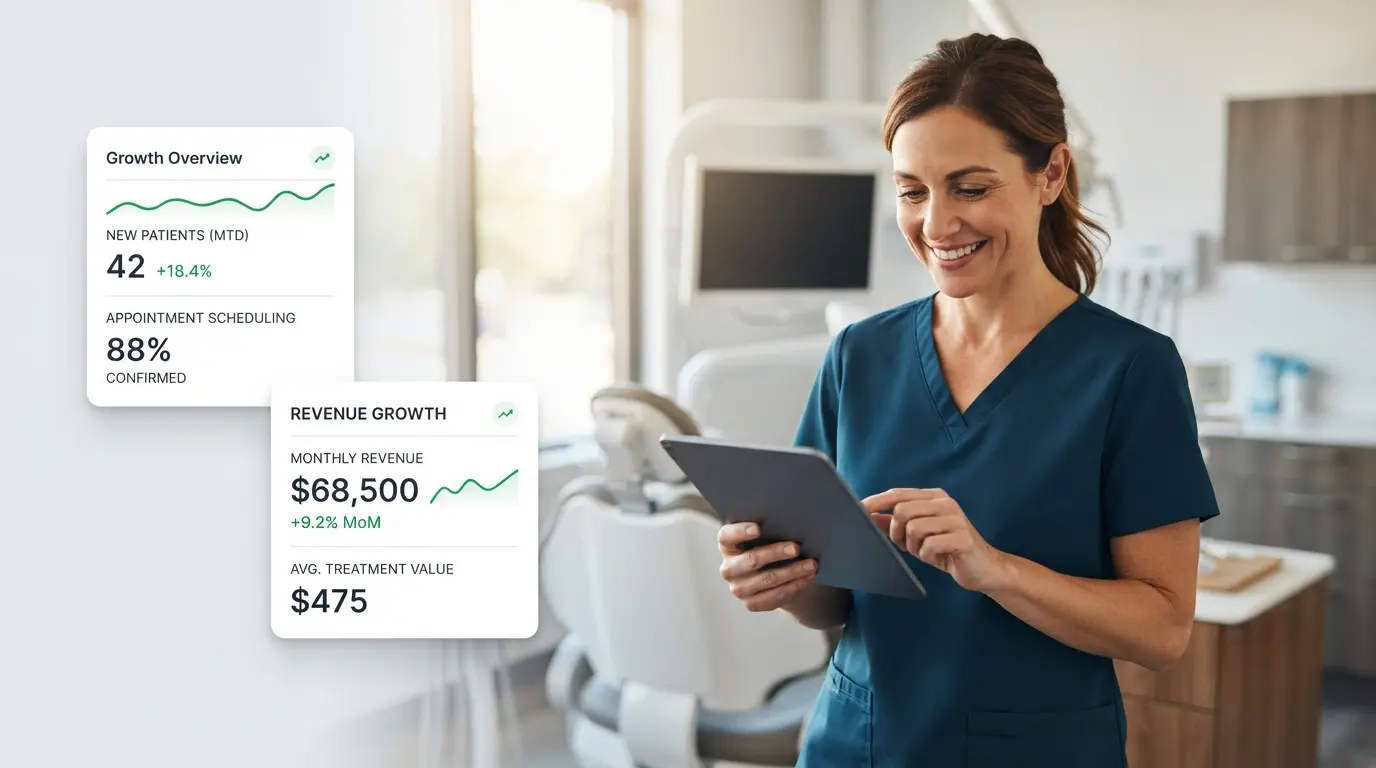 Dentist reviewing practice growth and revenue dashboards on a tablet